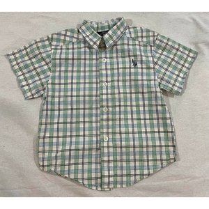 US Polo ASSN Boy Shirt Button Down Green Checked Short Sleeve 100%Cotton Size 3T